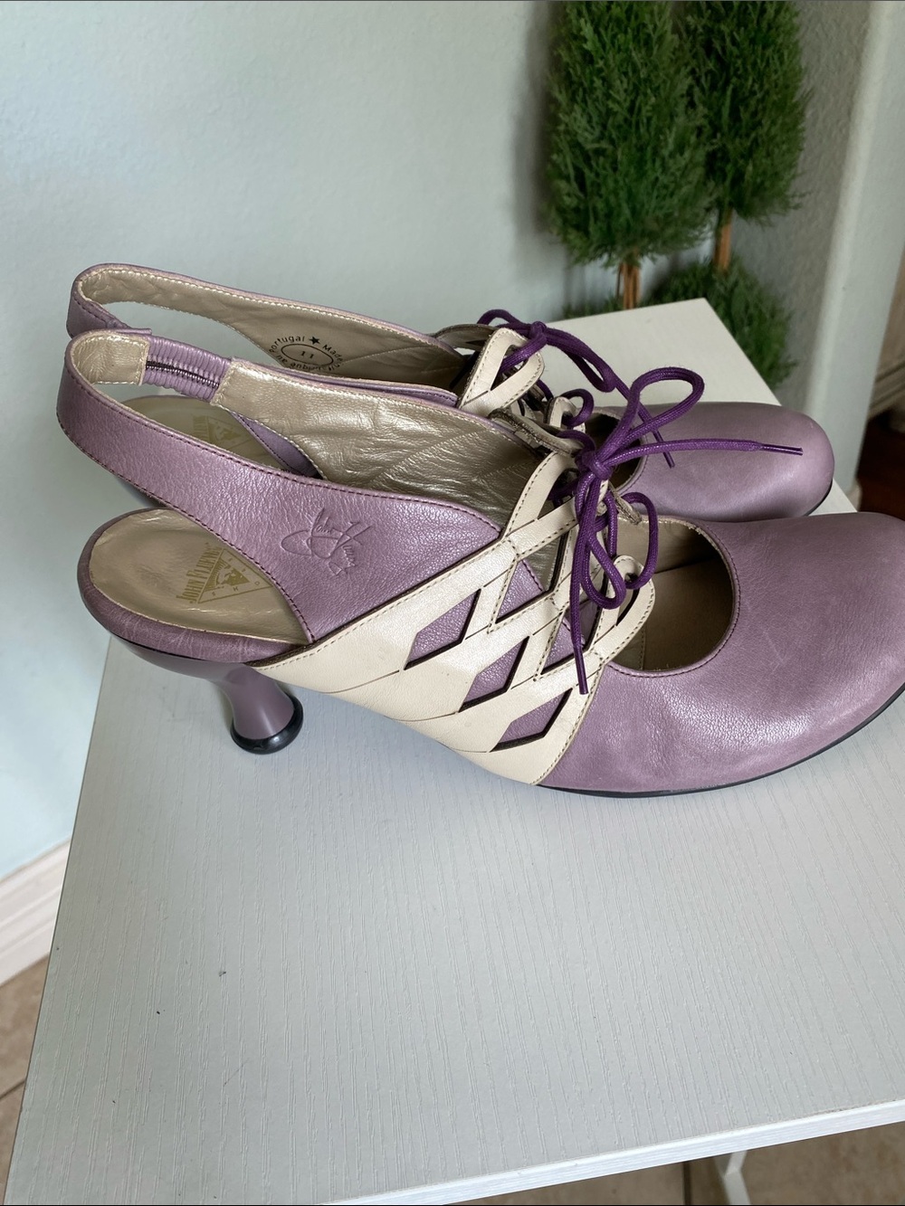 John Fluevog Purple and Cream Lace-Up Slingback Heels - Picture 2 of 8